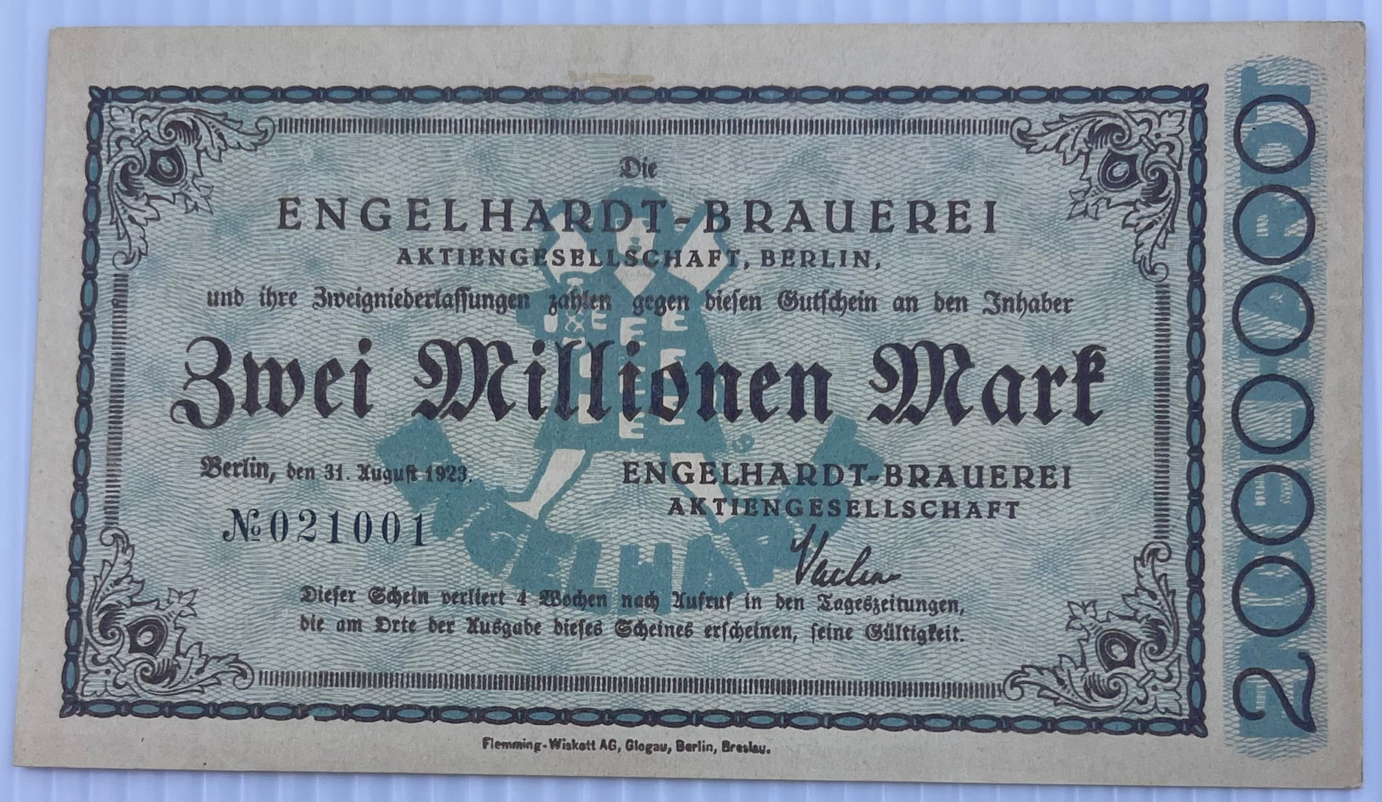 Germany 1923 2 Million Mark 364.4 AUNC Berlin Engelhardt Brauerei World Banknote Currency